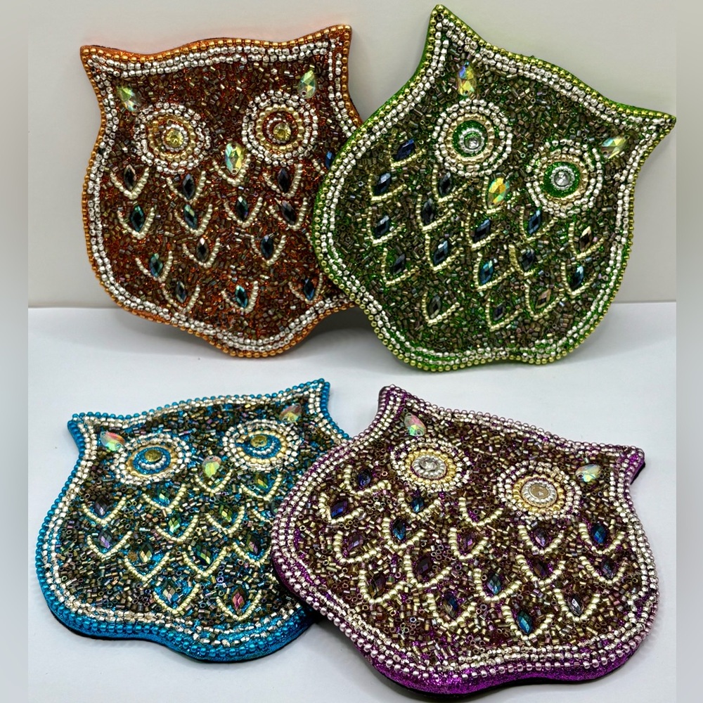 Pier 1 Retired Beaded Jewel Tone Owl Coasters Set Sapphire Emerald Amethyst